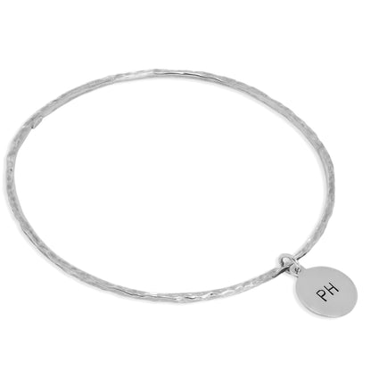 Sterling Silver Hammered Bangle with Hand Stamped Charm