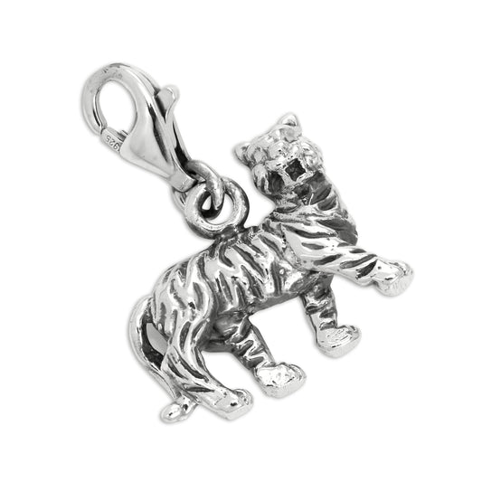 Sterling Silver Solid 3D Tiger Clip on Charm