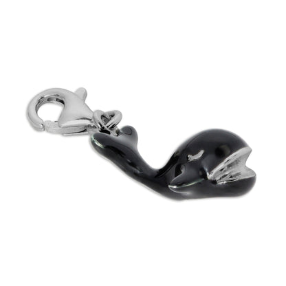 Sterling Silver 3D Hollow Black Enamelled Whale Clip on Charm