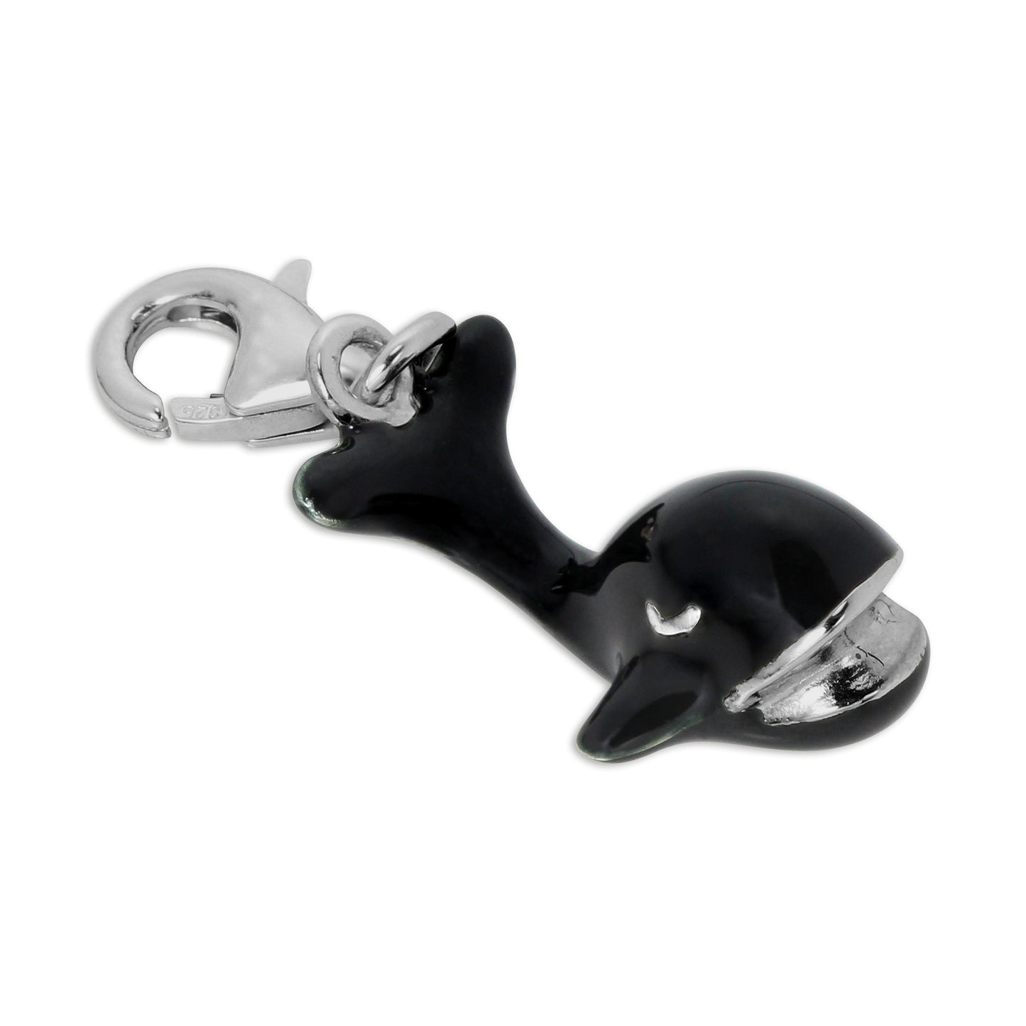Sterling Silver 3D Hollow Black Enamelled Whale Clip on Charm