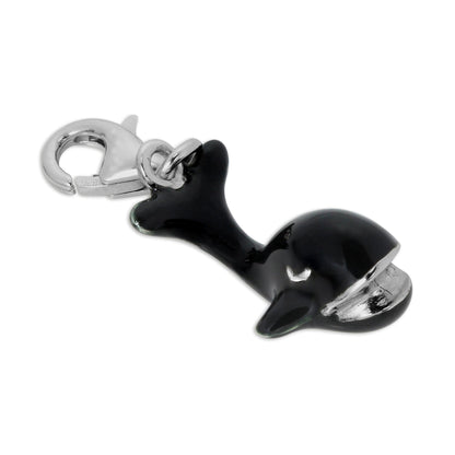 Sterling Silver 3D Hollow Black Enamelled Whale Clip on Charm
