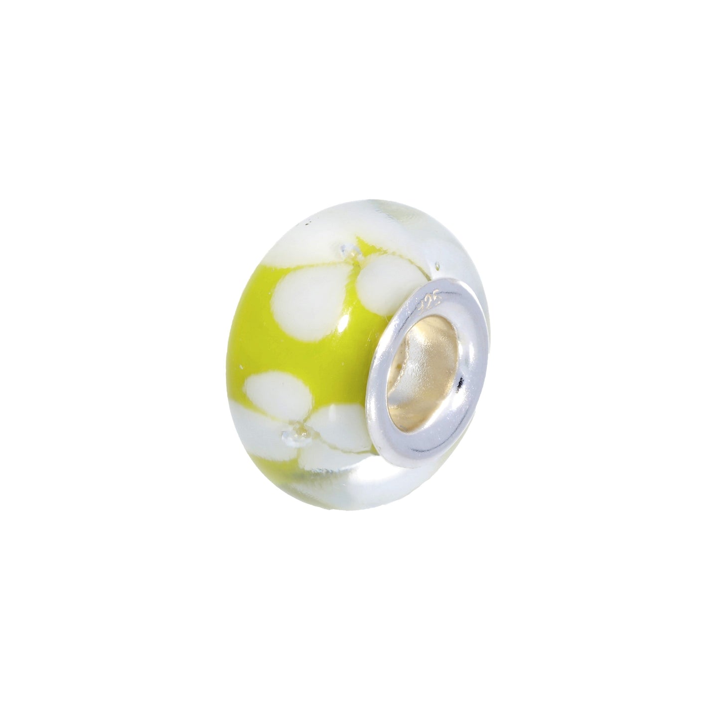 Sterling Silver & Yellow Glass Bead Charm with White Flowers
