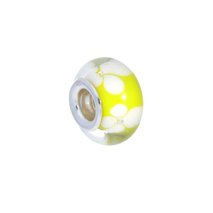 Sterling Silver & Yellow Glass Bead Charm with White Flowers