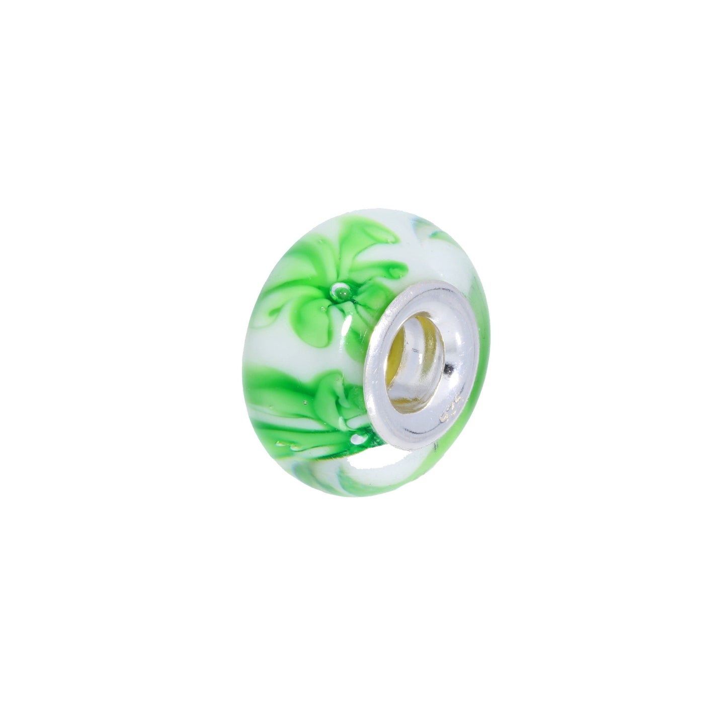 Sterling Silver & Green Glass Bead Charm with Flowers