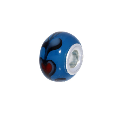 Sterling Silver & Blue Glass Bead Charm with Red Floating Hearts