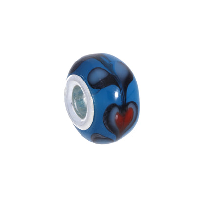 Sterling Silver & Blue Glass Bead Charm with Red Floating Hearts