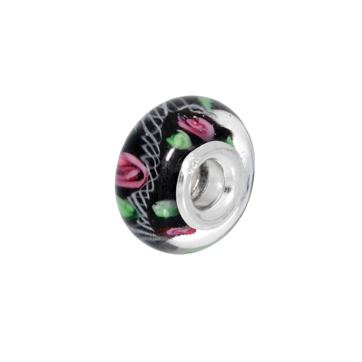 Sterling Silver Black Glass Bead Charm with Pink Green and White Detailing
