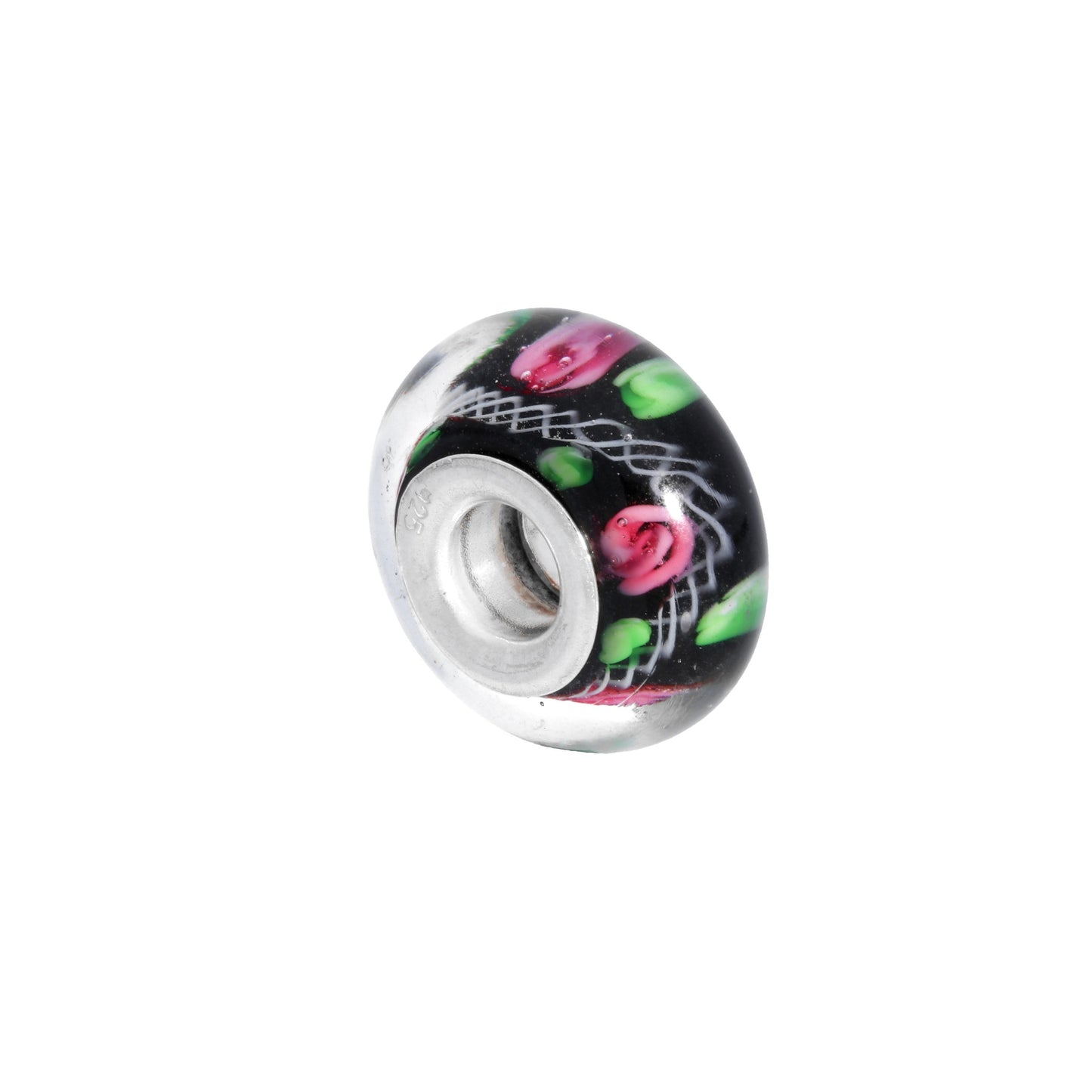 Sterling Silver Black Glass Bead Charm with Pink Green and White Detailing