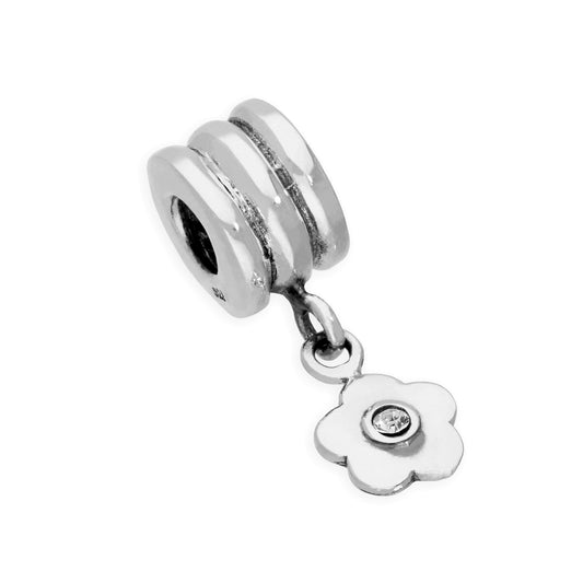Sterling Silver & Clear CZ Crystal Bead Charm w Hanging Flower