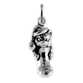 Sterling Silver Cat in Christmas Stocking Charm