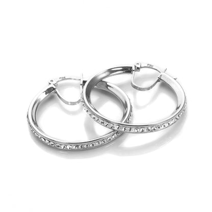 Sterling Silver Pave Crystal Hoop Earrings