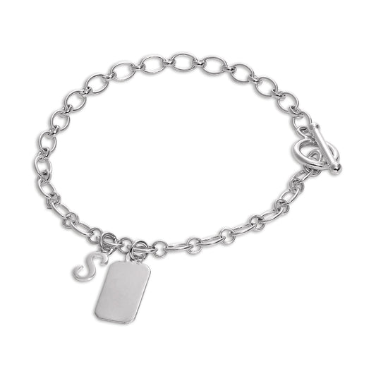 Sterling Silver Initial Letter & Engravable Tag Starter Bracelet