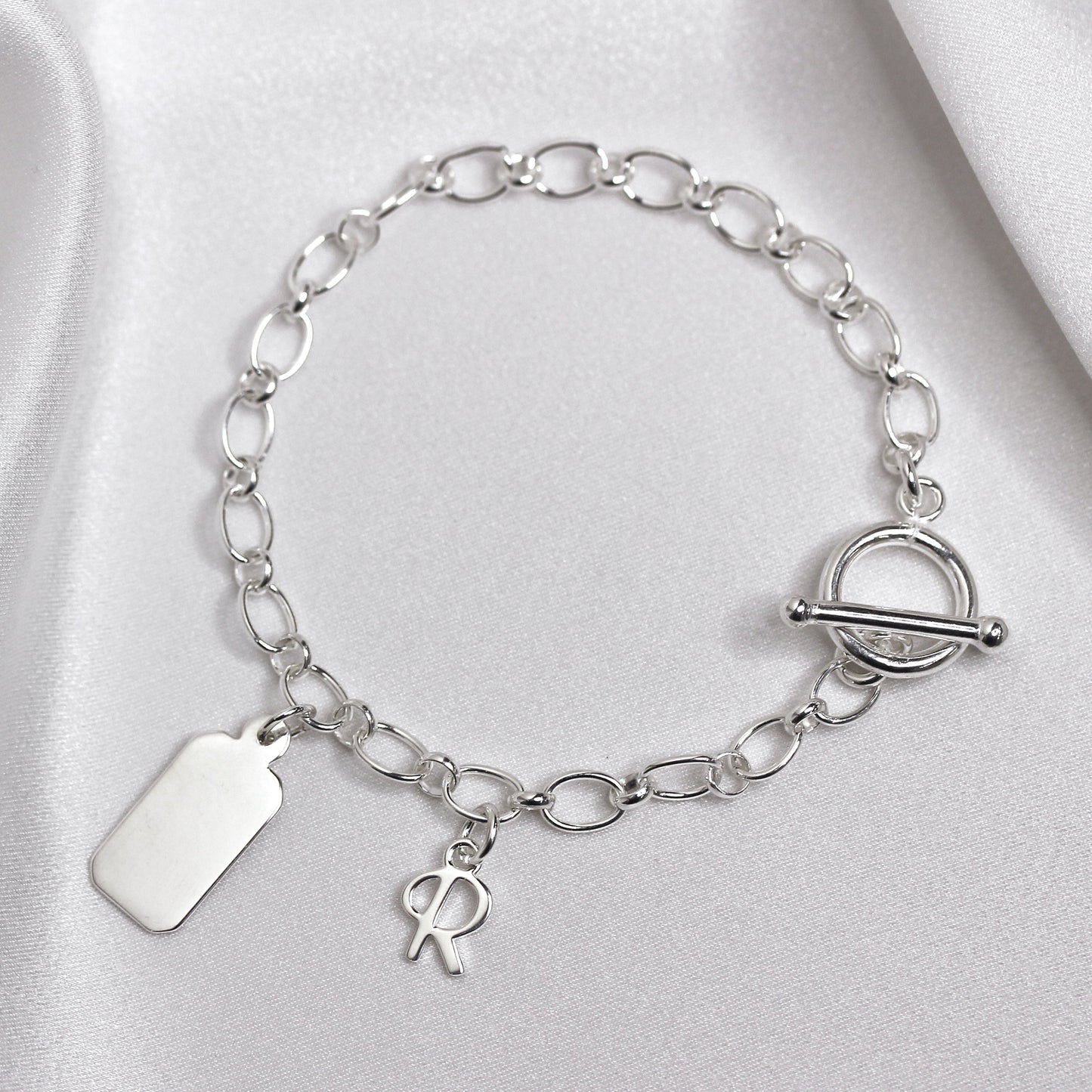 Sterling Silver Initial Letter & Engravable Tag Starter Bracelet