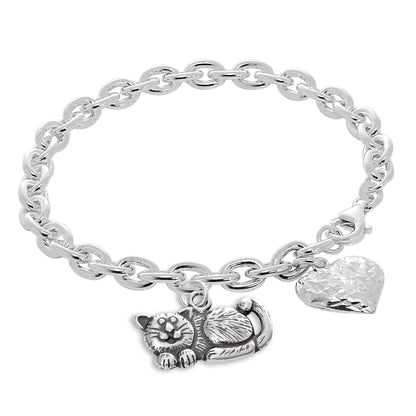 Sterling Silver Cat & Puffed Heart 7 Inch Starter Bracelet