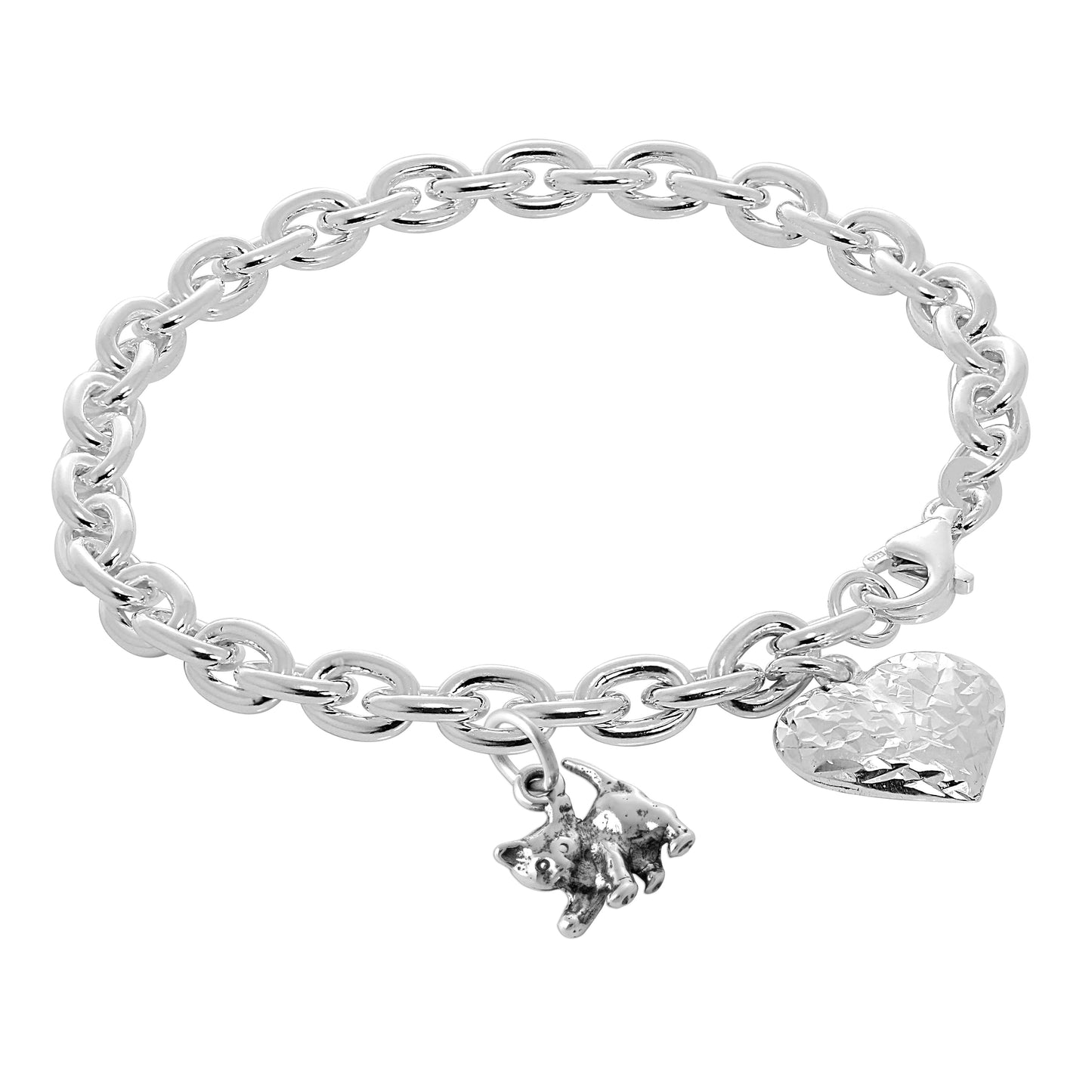Sterling Silver Cat & Puffed Heart 7 Inch Starter Bracelet