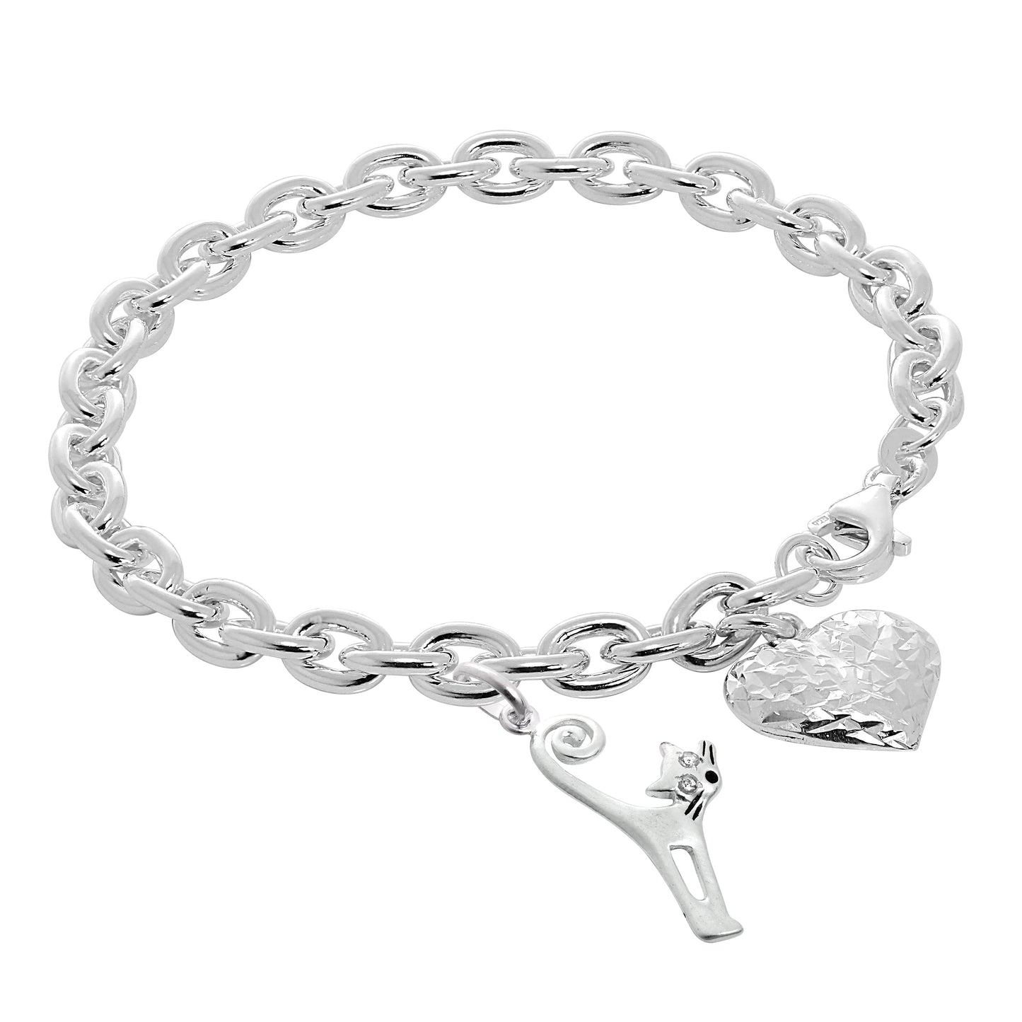 Sterling Silver Cat & Puffed Heart 7 Inch Starter Bracelet