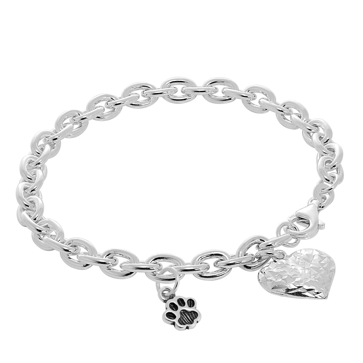 Sterling Silver Cat & Puffed Heart 7 Inch Starter Bracelet
