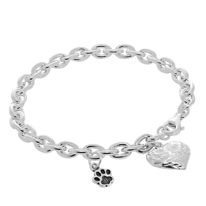 Sterling Silver Cat & Puffed Heart 7 Inch Starter Bracelet