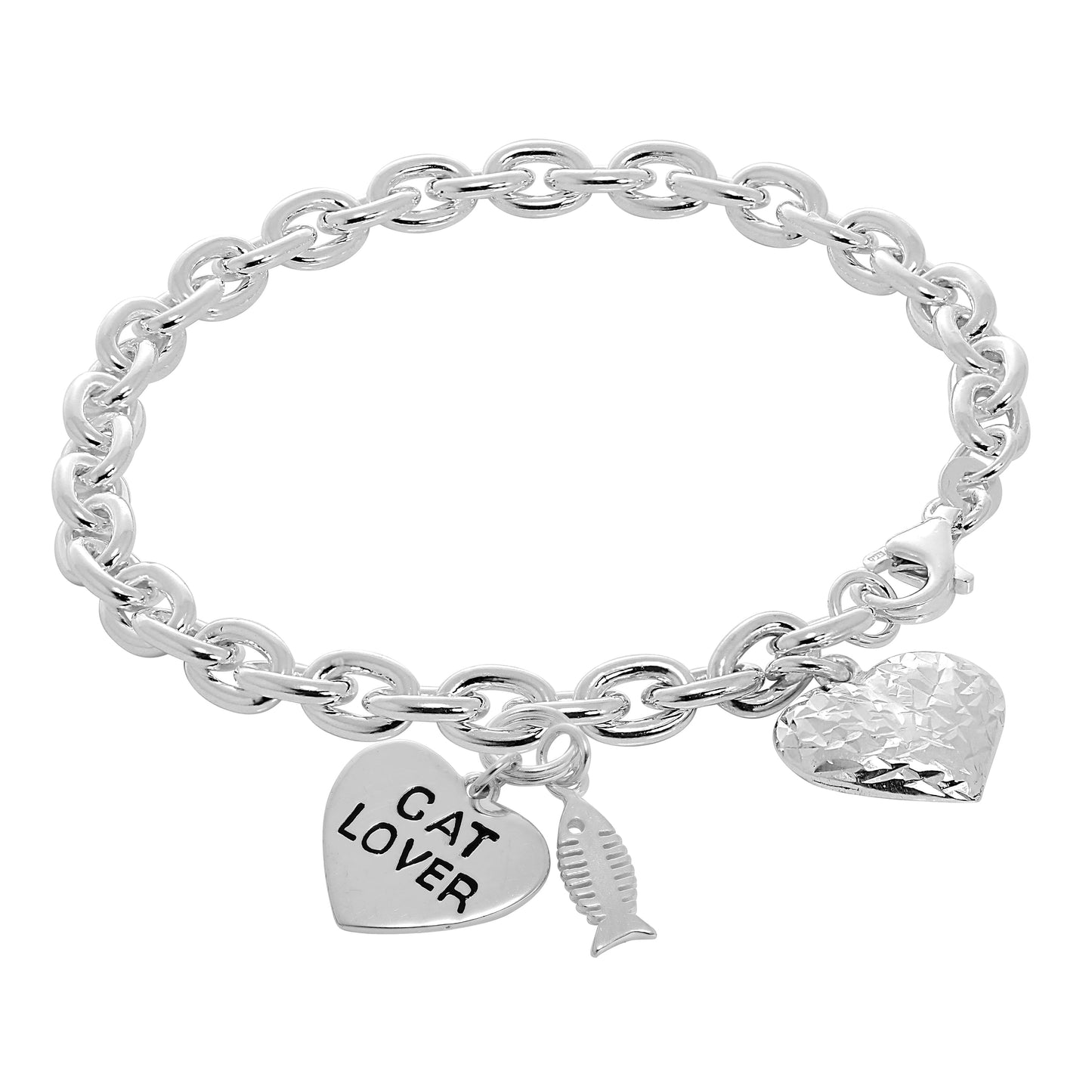 Sterling Silver Cat & Puffed Heart 7 Inch Starter Bracelet