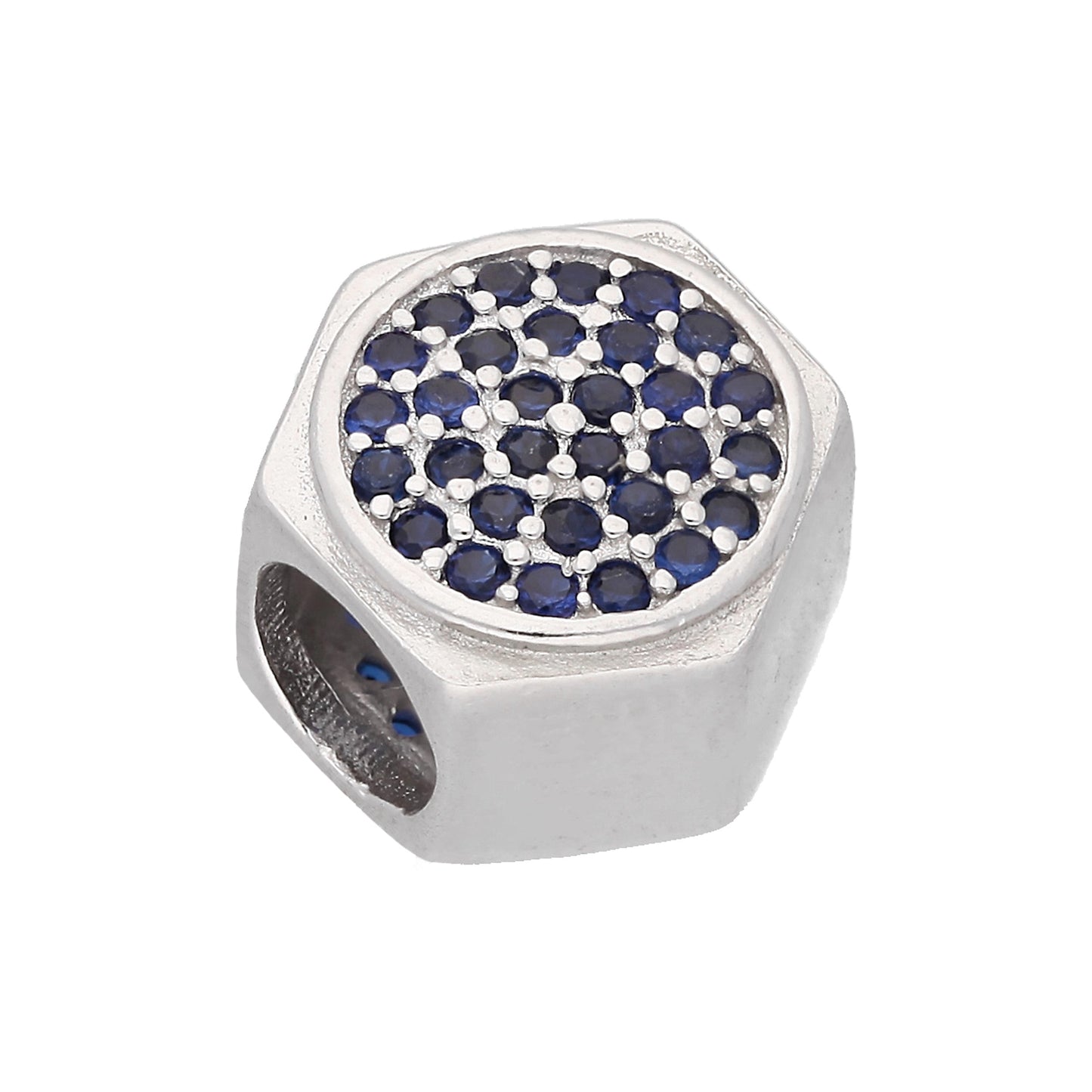 Sterling Silver & Blue CZ Crystal Hexagon Bead Charm