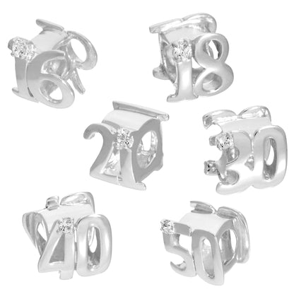 Sterling Silver & CZ Crystal Birthday Bead Charm 16th - 50th