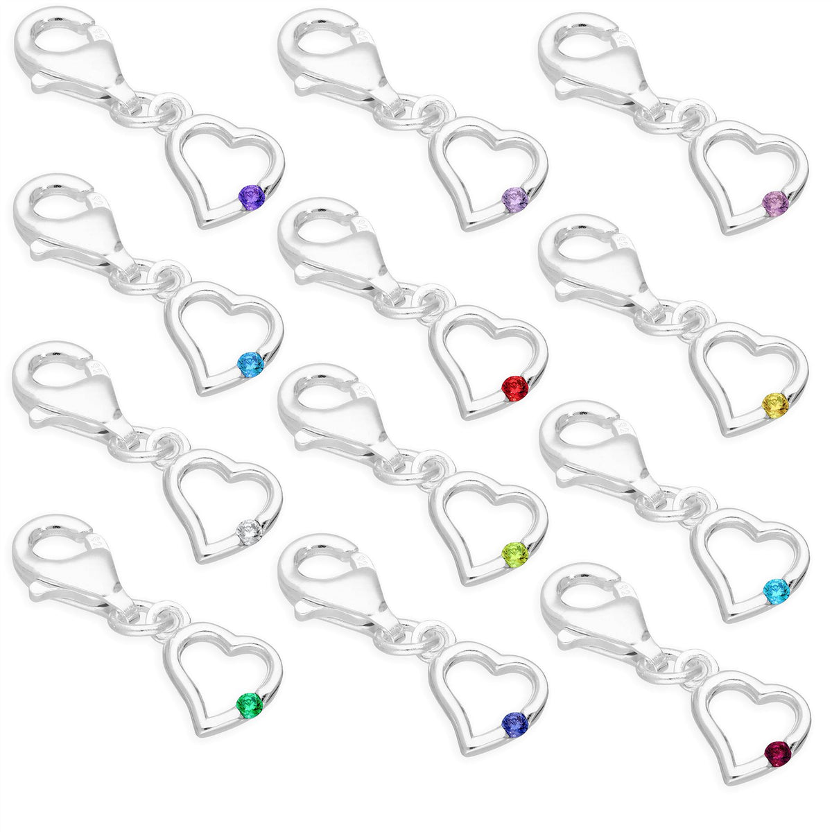 Sterling Silver & CZ Crystal Birthstone Heart Clip on Charm Birthday Love Gift